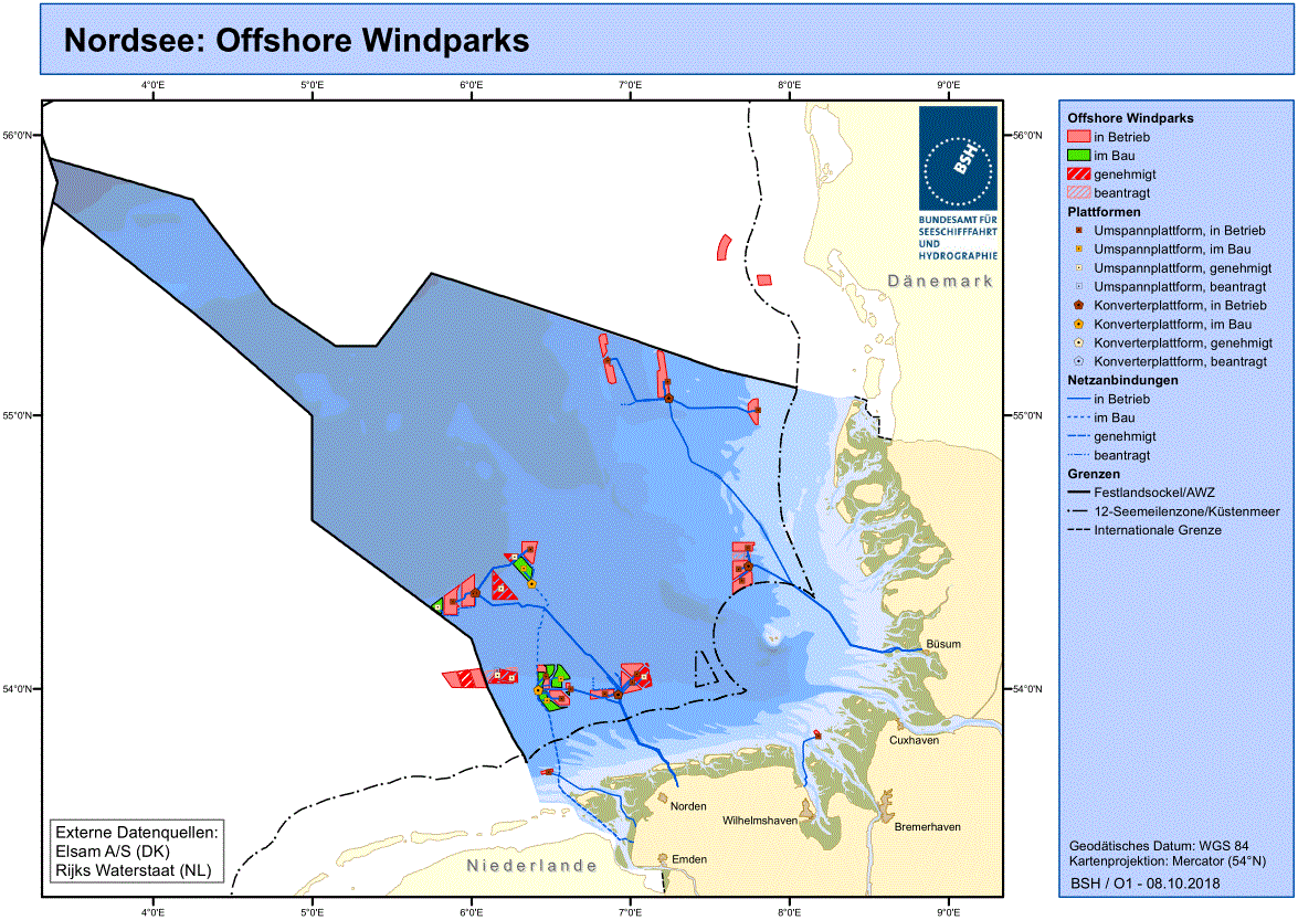 Offshore-Projekte in der AWZ der Nordsee (BSH 2018)