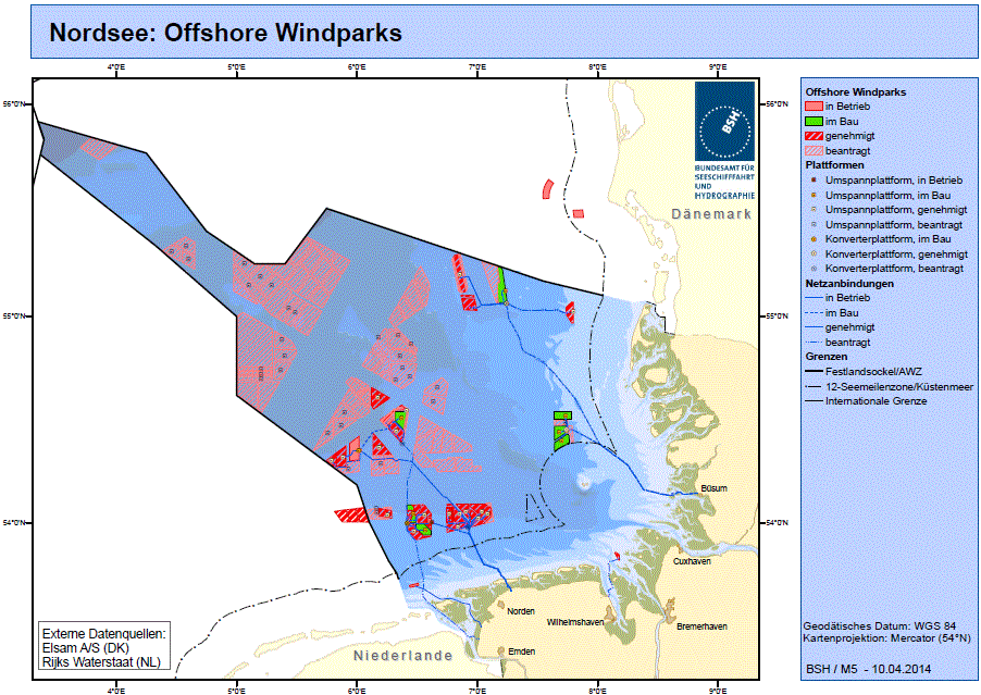 Offshore-Projekte in der AWZ der Nordsee (BSH 2014a)