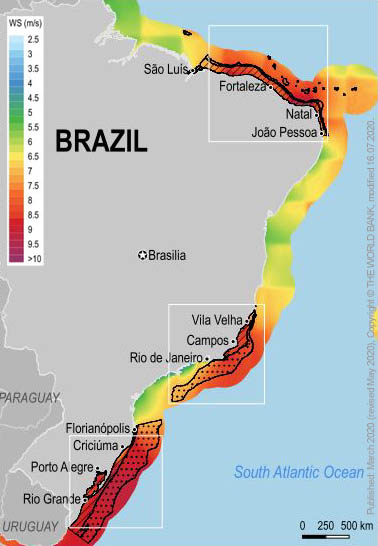 Going Global: Expanding Offshore Wind to Emerging Markets (Vol. 17) : Technical Potential for Offshore Wind in Brazil - Map (English). Washington, D.C.: World Bank Group